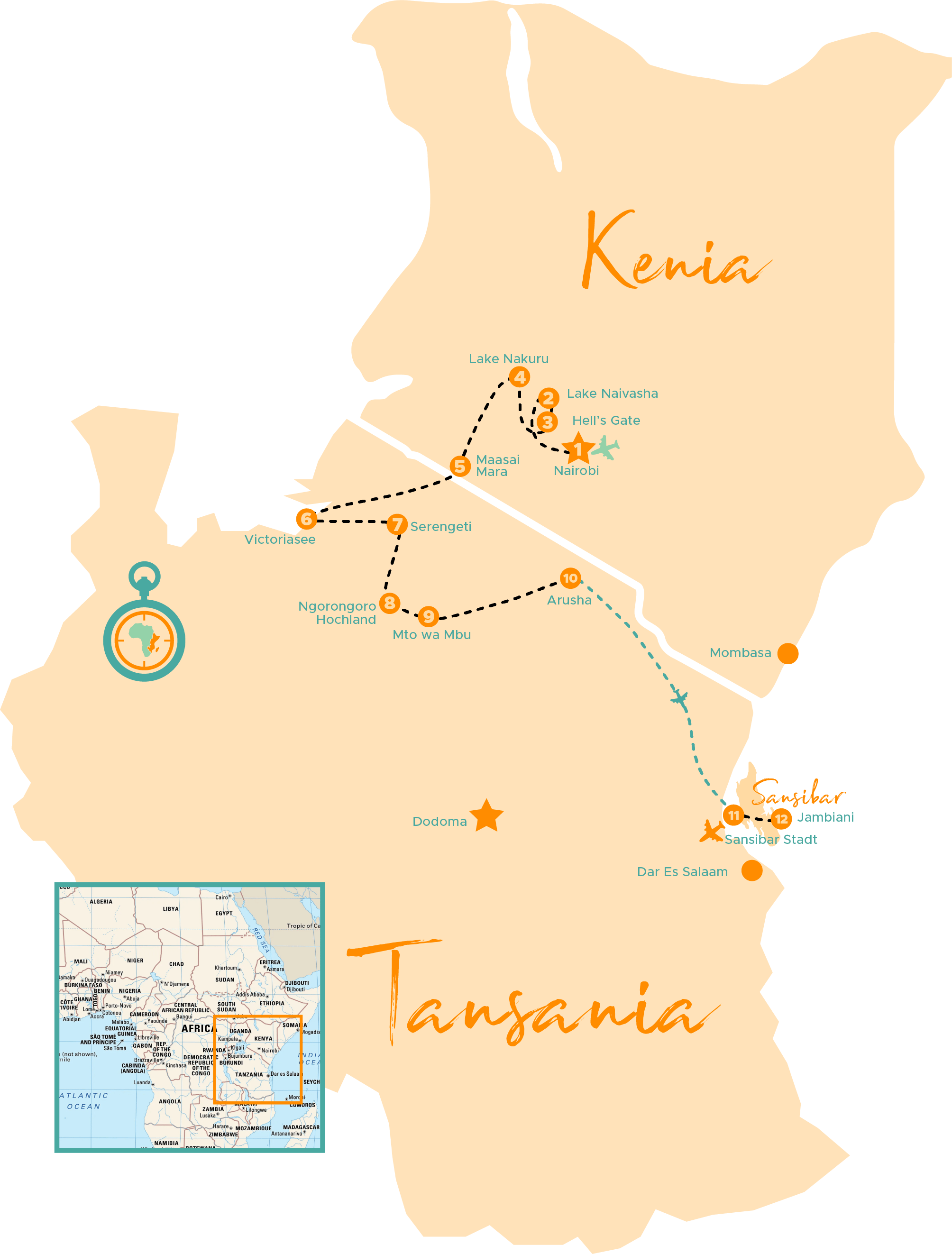 18 Tage Kenia und Tansania Safari mit Sansibar Karte