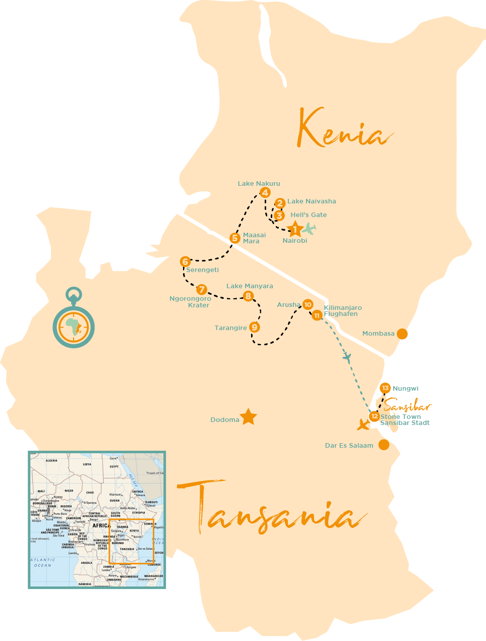 Reiseroute Kenia und Tansania Safari mit Sansibar